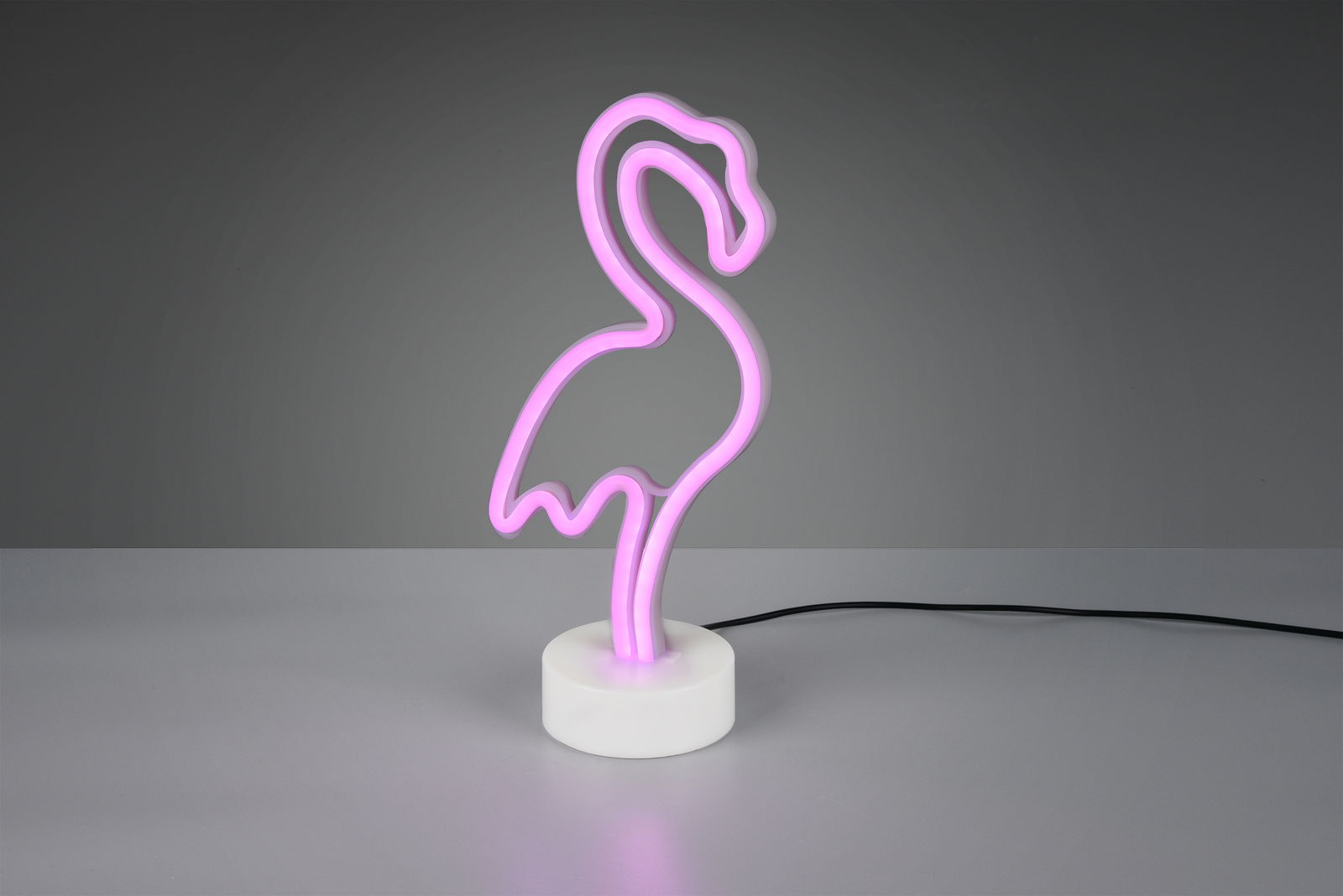 LED-Tischleuchte in Form eines Flamingos mit pinkem Licht, seitliche Perspektive
