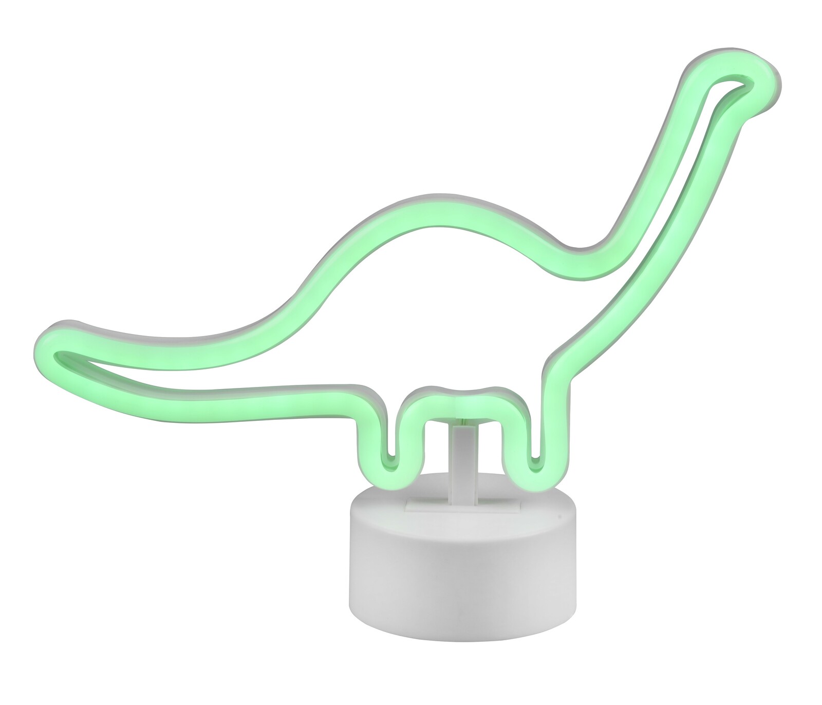 Grüne Dinosaurier-Tischleuchte aus Neonröhren auf weißem Sockel, seitliche Perspektive