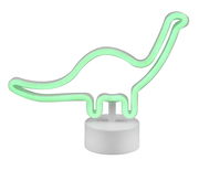 Grüne Dinosaurier-Tischleuchte aus Neonröhren auf weißem Sockel, seitliche Perspektive