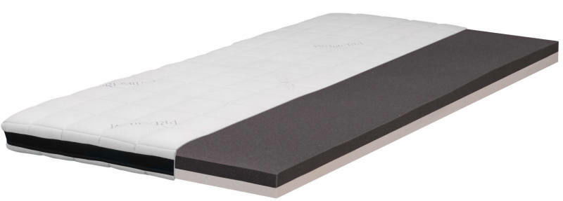 Viscotopper in seitlicher Perspektive mit sichtbaren Schichten, darunter eine weiße, gepolsterte Oberfläche und eine dunkle Schaumstoffschicht.