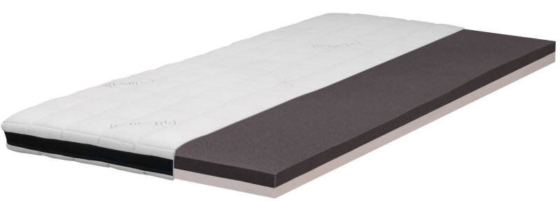Viscotopper in seitlicher Perspektive mit sichtbaren Schichten, darunter eine weiße, gepolsterte Oberfläche und eine dunkle Schaumstoffschicht.