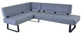 Graue Eckbank mit modernem Design und Metallbeinen, seitliche Perspektive