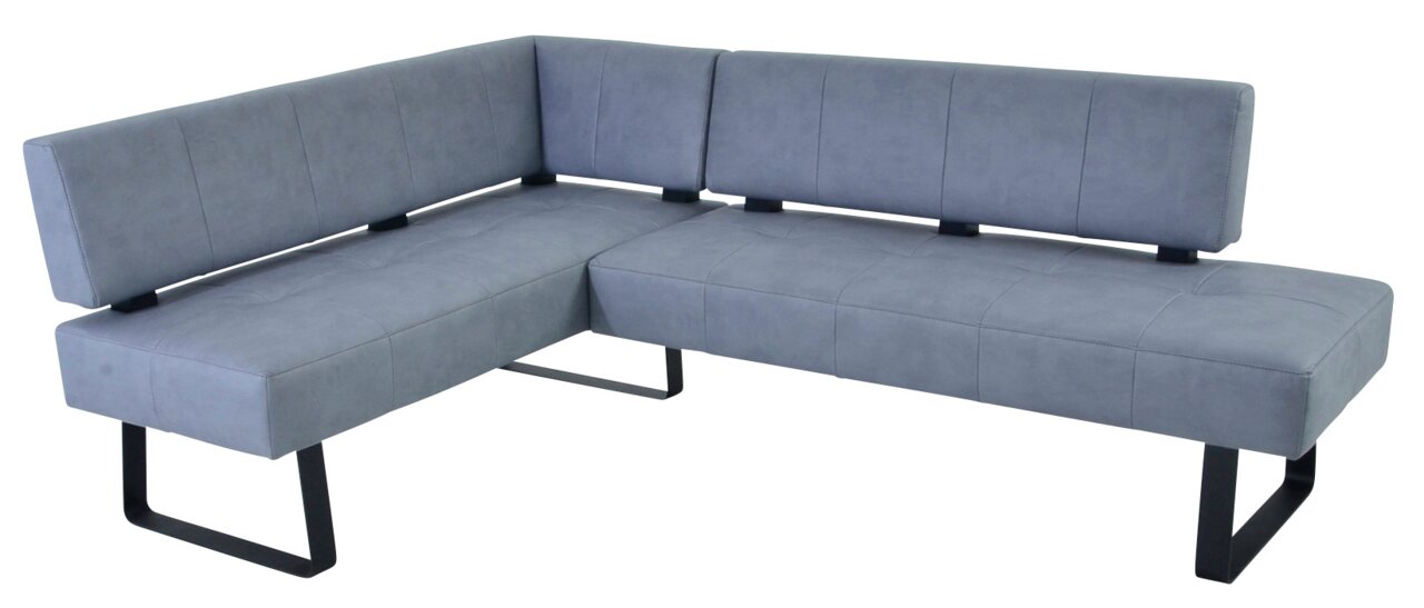 Graue Eckbank mit modernem Design und Metallbeinen, seitliche Perspektive