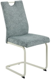 Moderner Schwingstuhl mit grauem Stoffbezug und cremefarbenem Metallgestell, seitliche Perspektive
