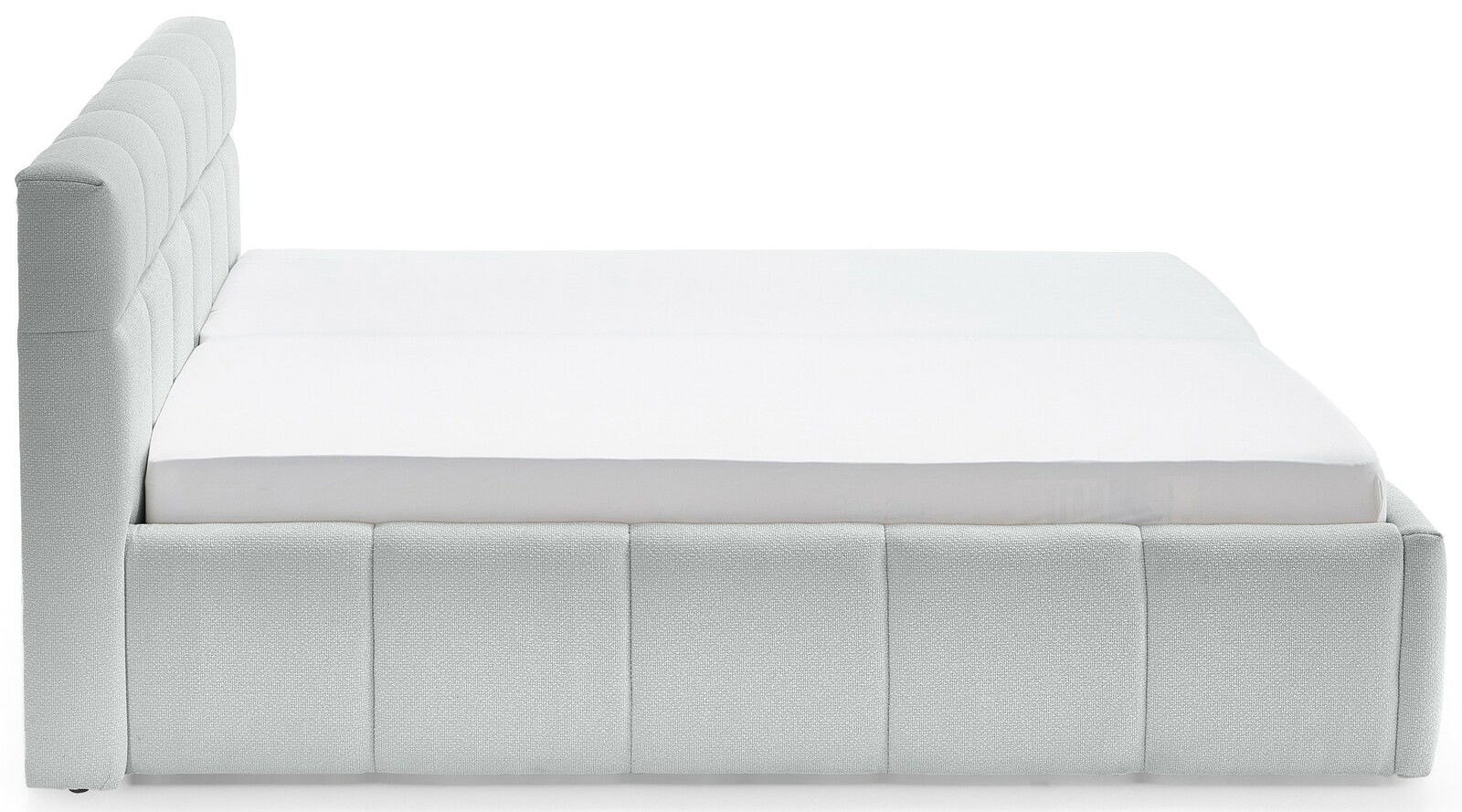 Seitliche Ansicht eines modernen Polsterbetts mit gepolstertem Kopfteil und weißer Matratze.