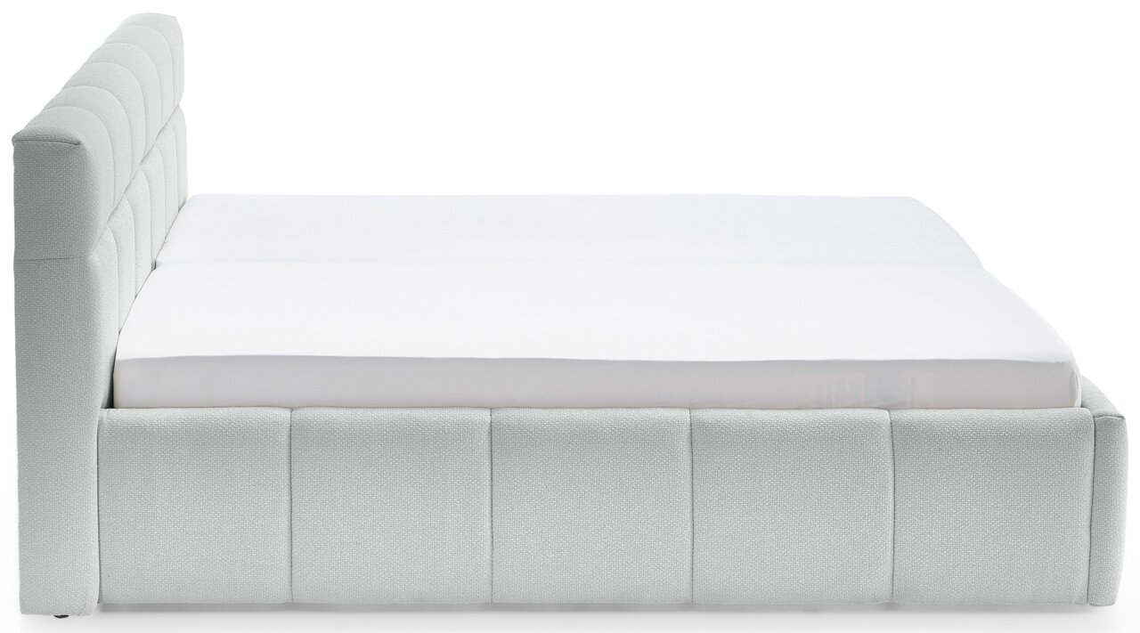 Seitliche Ansicht eines modernen Polsterbetts mit gepolstertem Kopfteil und weißer Matratze.