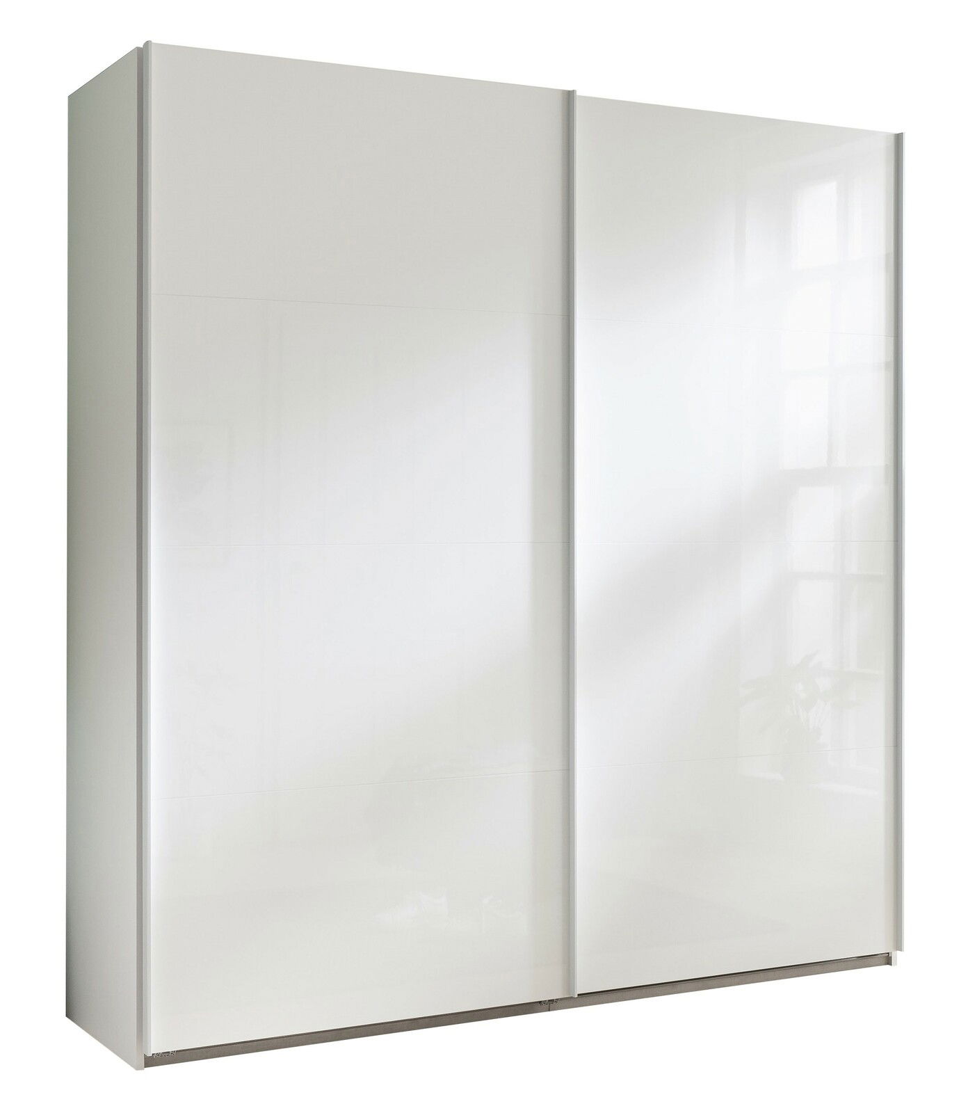 Weißer Schwebetürenschrank mit zwei Türen, seitliche Perspektive