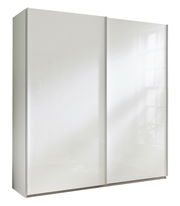 Weißer Schwebetürenschrank mit zwei Türen, seitliche Perspektive