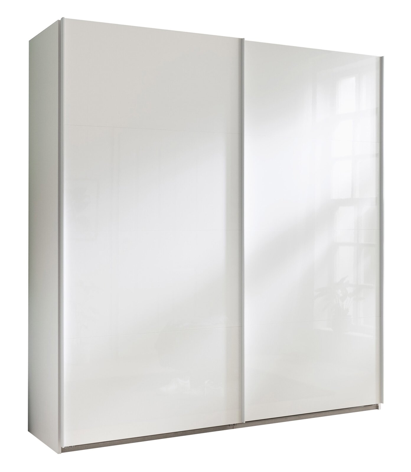 XORA Schwebetürenschrank SYSTEMA Weißer Schwebetürenschrank mit zwei Türen, seitliche Perspektive