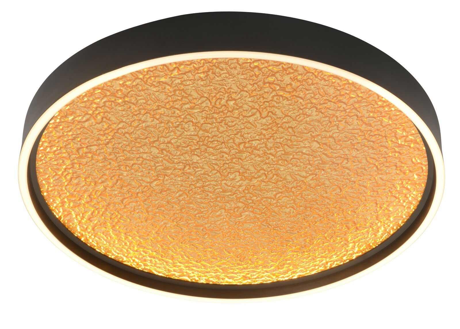 LED-Deckenleuchte mit strukturiertem, goldfarbenem Diffusor, seitliche Perspektive