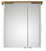 Moderner Spiegelschrank mit zwei Türen und Holzoberfläche, Frontalansicht