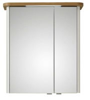 Moderner Spiegelschrank mit zwei Türen und Holzoberfläche, Frontalansicht