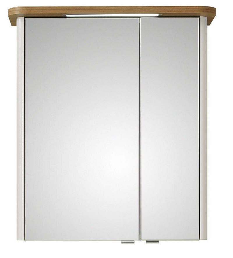 Moderner Spiegelschrank mit zwei Türen und Holzoberfläche, Frontalansicht