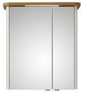 Moderner Spiegelschrank mit zwei Türen und Holzoberfläche, Frontalansicht