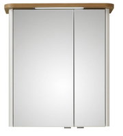 Moderner Spiegelschrank mit zwei Türen und Holzoberfläche, Frontalansicht