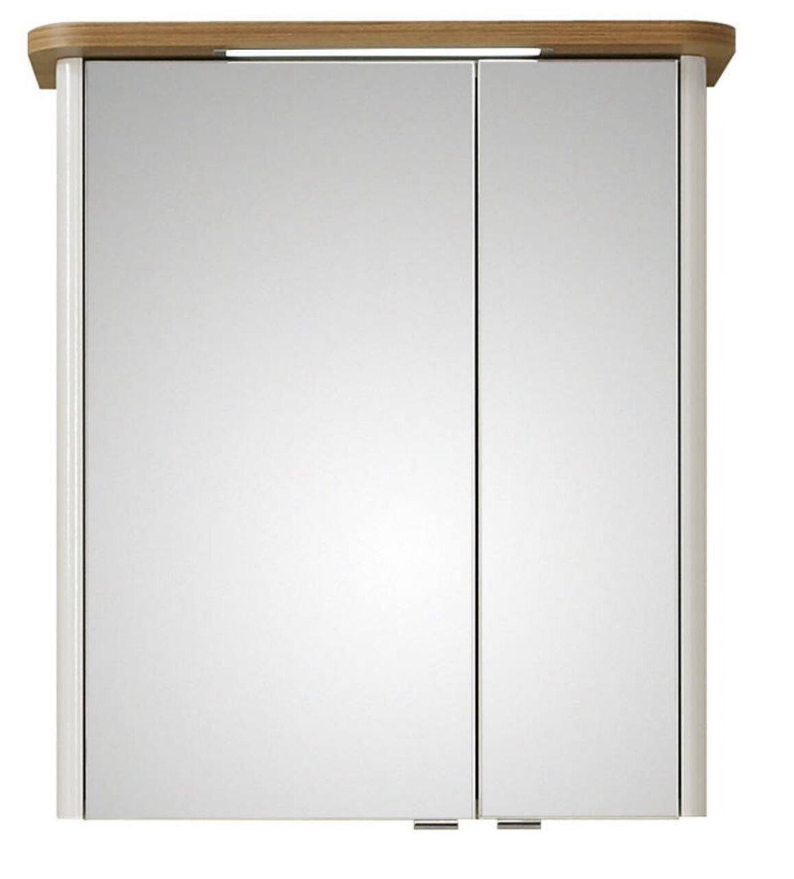 Moderner Spiegelschrank mit zwei Türen und Holzoberfläche, Frontalansicht