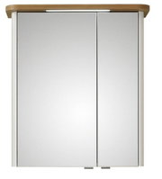 Moderner Spiegelschrank mit zwei Türen und Holzoberfläche, Frontalansicht