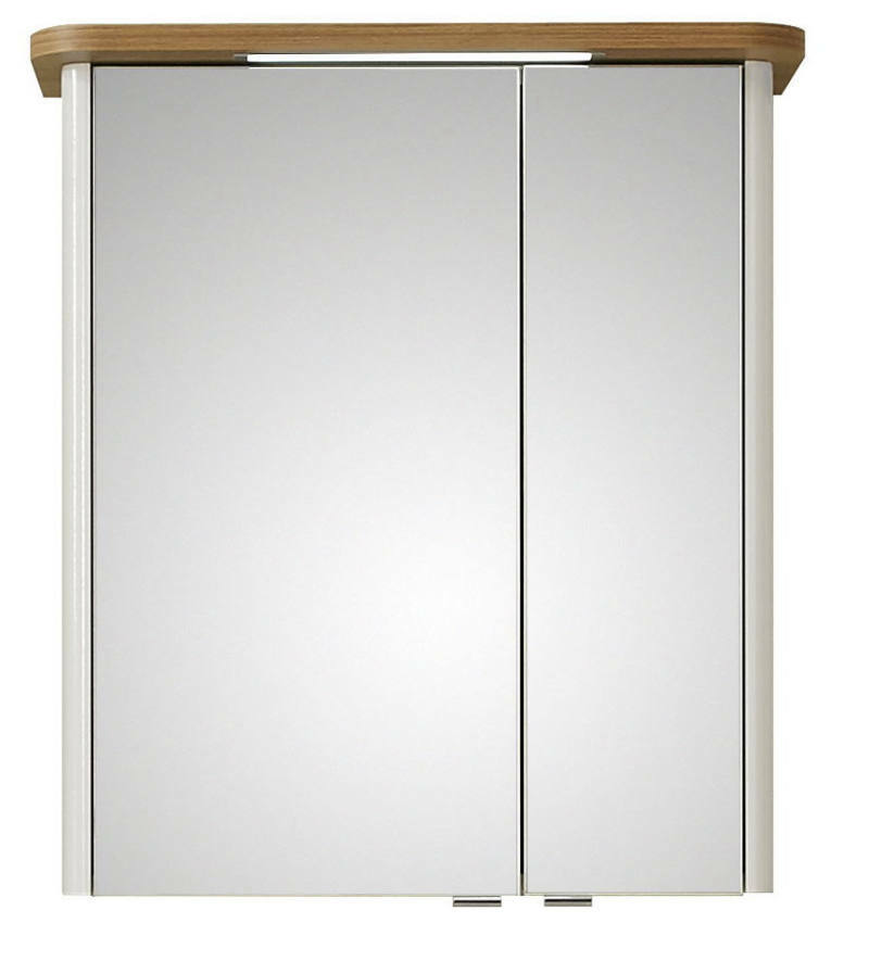 Moderner Spiegelschrank mit zwei Türen und Holzoberfläche, Frontalansicht