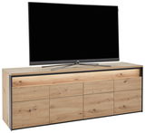 TV-Lowboard aus Holz mit schwarzem Rahmen, frontal mit Fernseher darauf