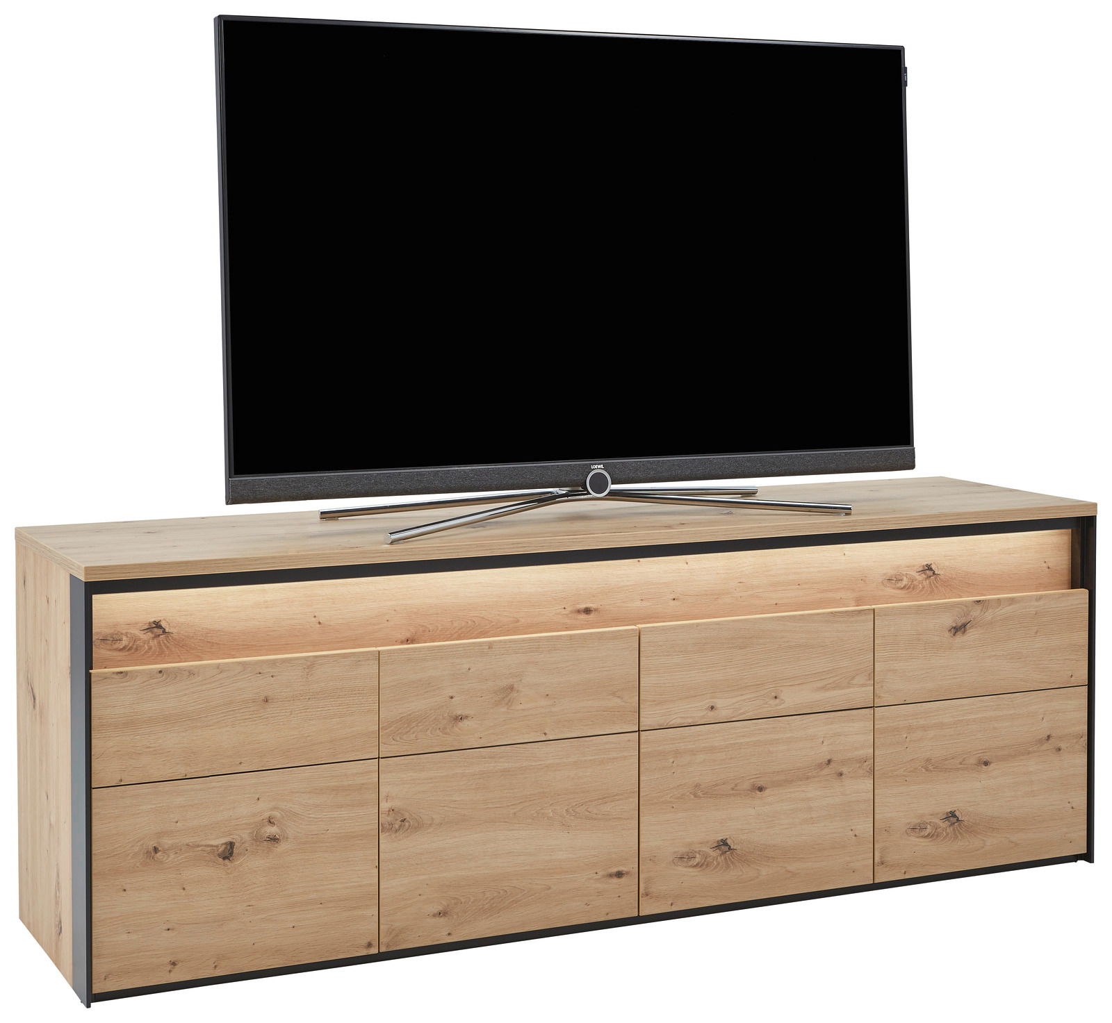 TV-Lowboard aus Holz mit schwarzem Rahmen, frontal mit Fernseher darauf