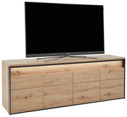 TV-Lowboard aus Holz mit schwarzem Rahmen, frontal mit Fernseher darauf