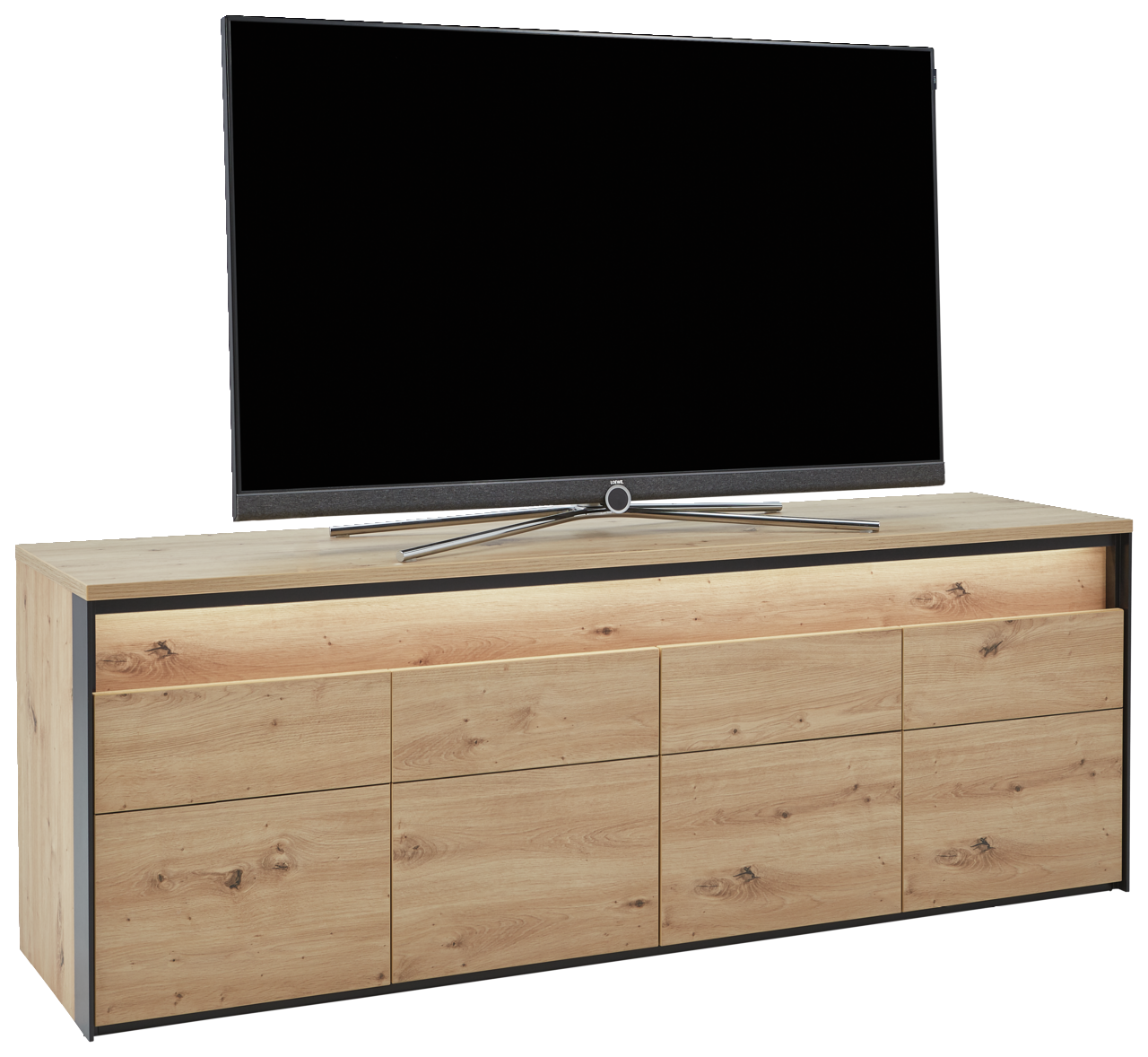 Voleo TV-Lowboard TV-Lowboard aus Holz mit schwarzem Rahmen, frontal mit Fernseher darauf