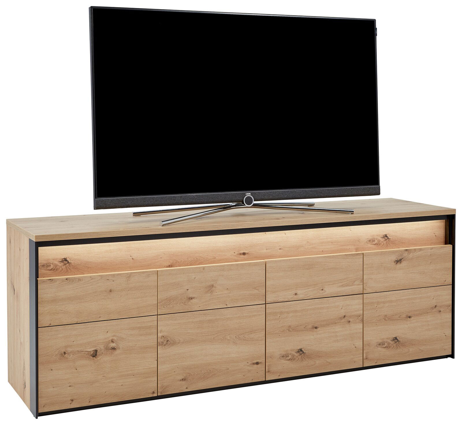 Voleo TV-Lowboard TV-Lowboard aus Holz mit schwarzem Rahmen, frontal mit Fernseher darauf