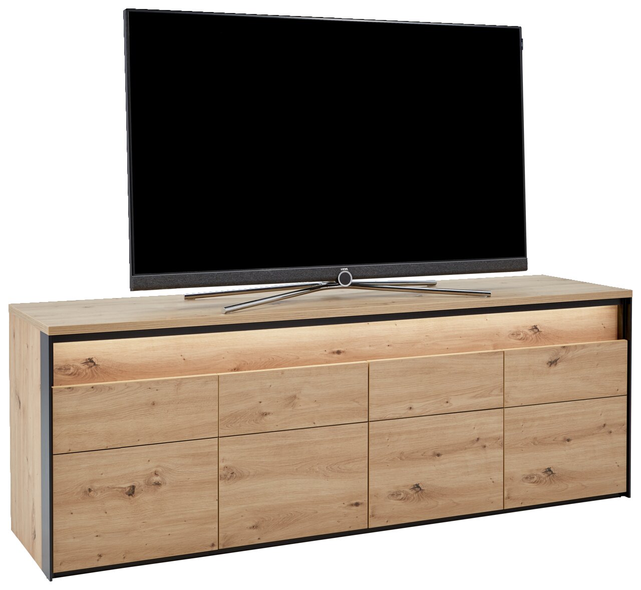 Voleo TV-Lowboard TV-Lowboard aus Holz mit schwarzem Rahmen, frontal mit Fernseher darauf