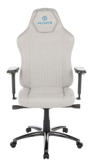 Frontansicht eines grauen Gaming-Stuhls mit blauer Logo-Stickerei auf der Kopfstütze und verstellbaren Armlehnen.