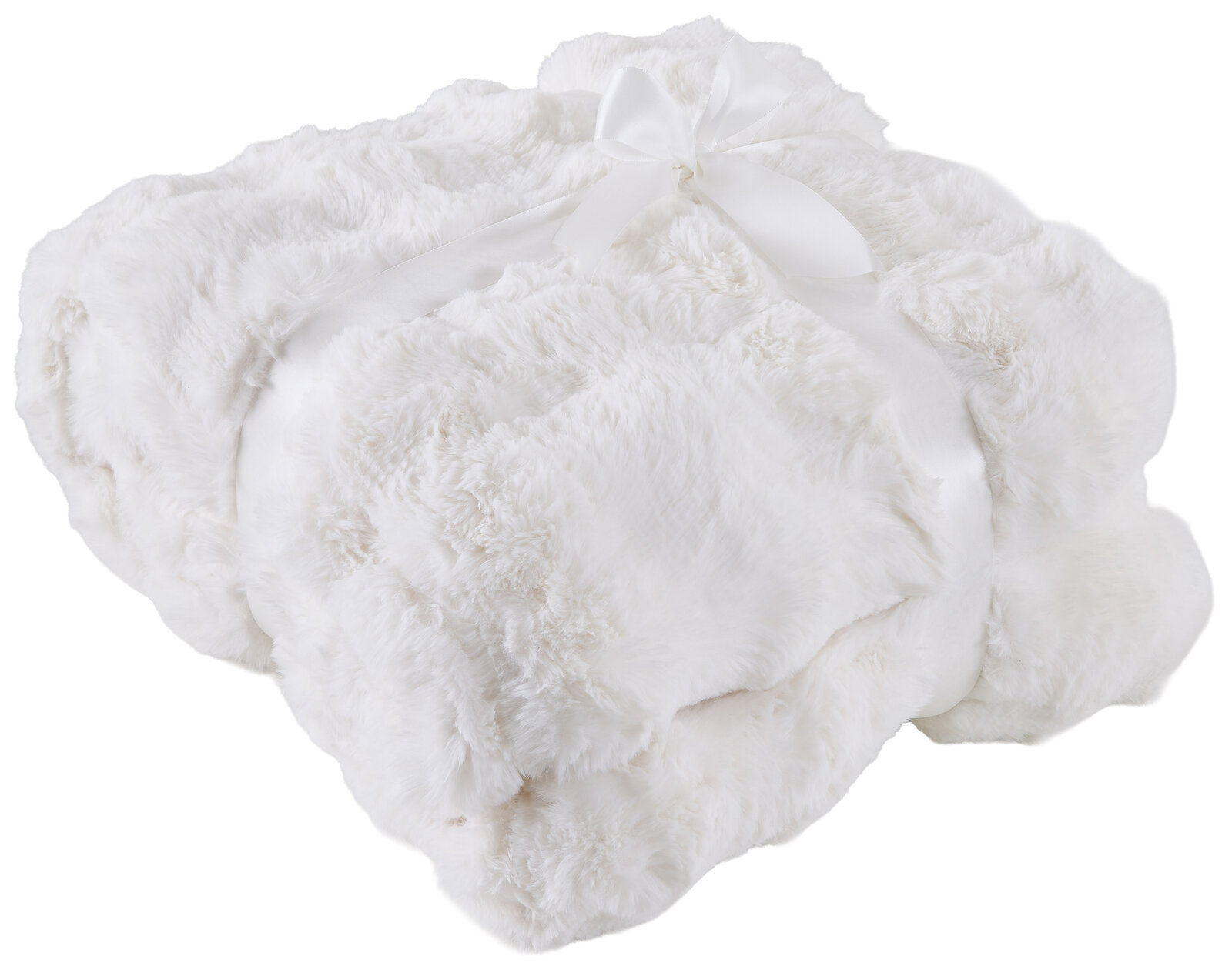 Linneweber Felldecke POMPON 150x200cm Weiche, weiße Felldecke 150x200cm, zusammengefaltet und mit einer Schleife gebunden, aus der Vogelperspektive.