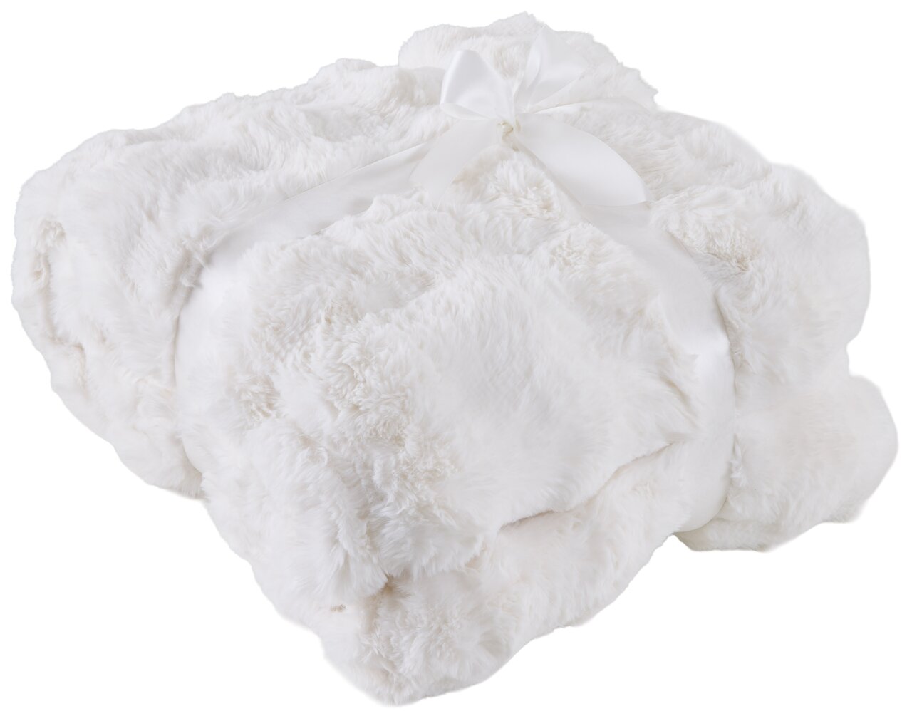 Linneweber Felldecke POMPON 150x200cm Weiche, weiße Felldecke 150x200cm, zusammengefaltet und mit einer Schleife gebunden, aus der Vogelperspektive.