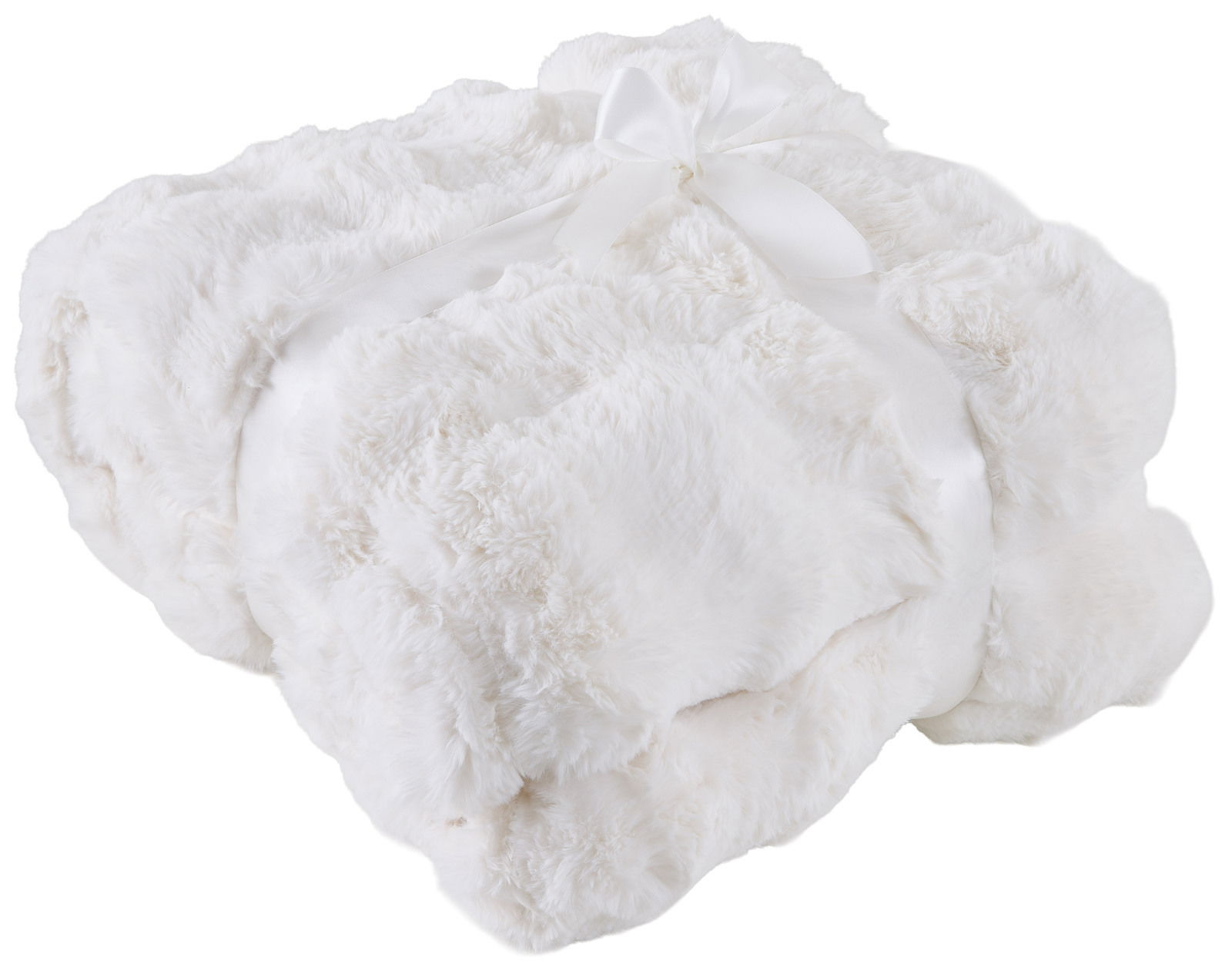 Weiche, weiße Felldecke 150x200cm, zusammengefaltet und mit einer Schleife gebunden, aus der Vogelperspektive.