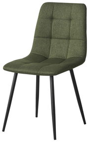 Moderner grüner Stuhl mit gepolsterter Sitzfläche und schwarzen Metallbeinen, seitliche Perspektive