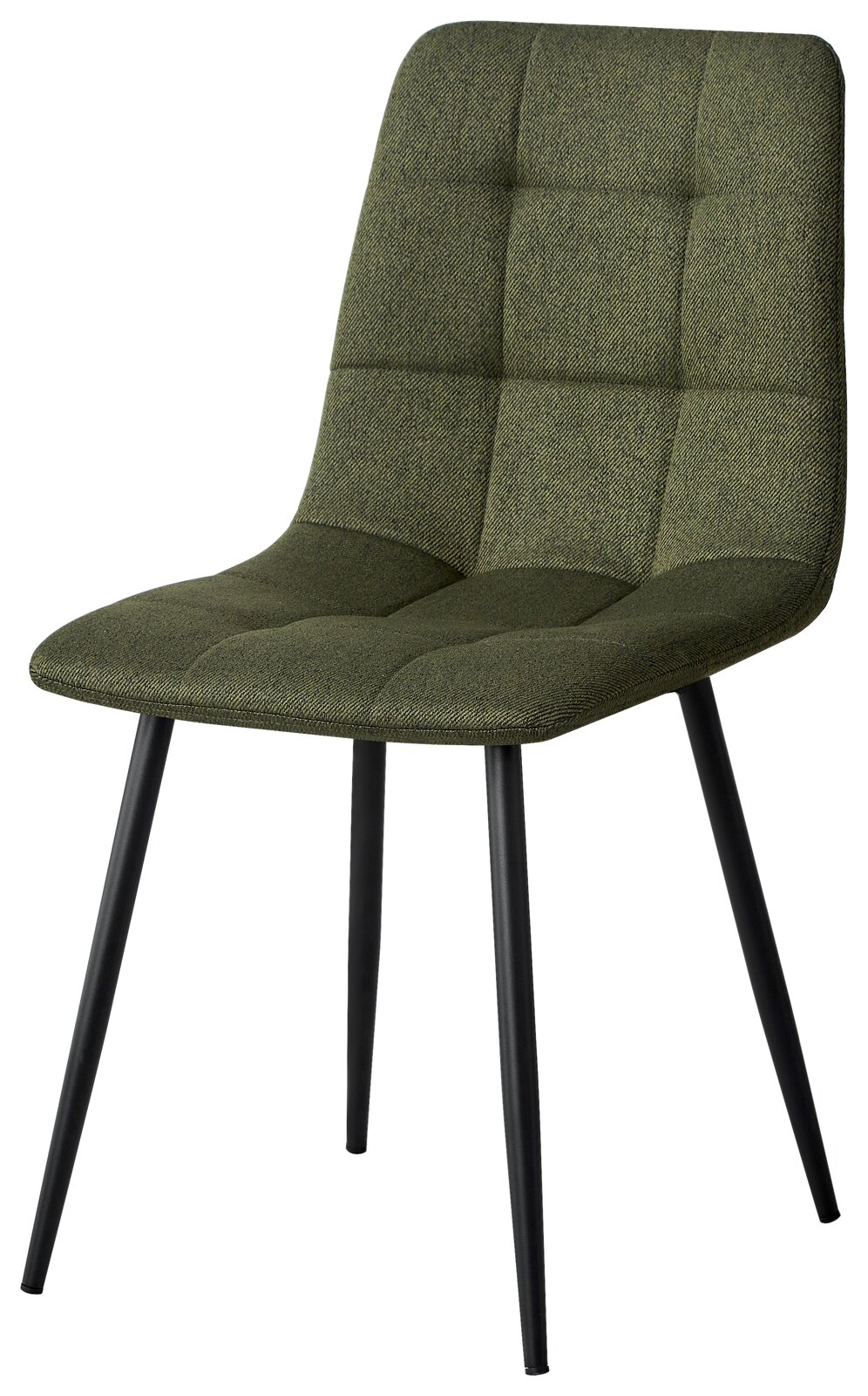 Moderner grüner Stuhl mit gepolsterter Sitzfläche und schwarzen Metallbeinen, seitliche Perspektive