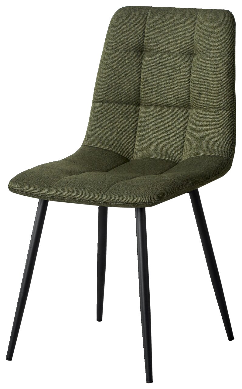 Moderner grüner Stuhl mit gepolsterter Sitzfläche und schwarzen Metallbeinen, seitliche Perspektive