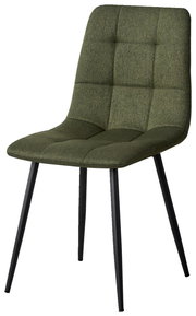 Moderner grüner Stuhl mit gepolsterter Sitzfläche und schwarzen Metallbeinen, seitliche Perspektive
