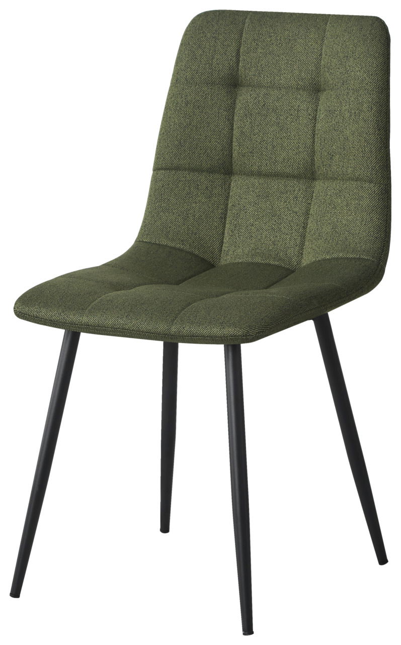 Moderner grüner Stuhl mit gepolsterter Sitzfläche und schwarzen Metallbeinen, seitliche Perspektive