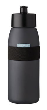 Schwarze Sporttrinkflasche mit schwarzem Deckel und Band, Vorderansicht