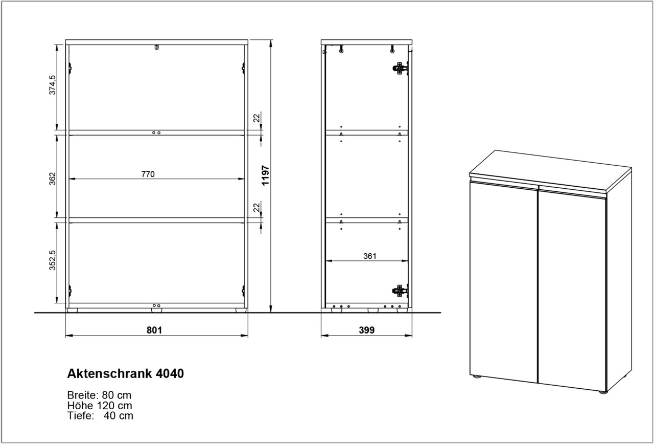 Zeichnung eines Aktenschranks mit den Maßen Breite 80 cm, Höhe 120 cm, Tiefe 40 cm, perspektivische Ansicht von vorne und seitlich.