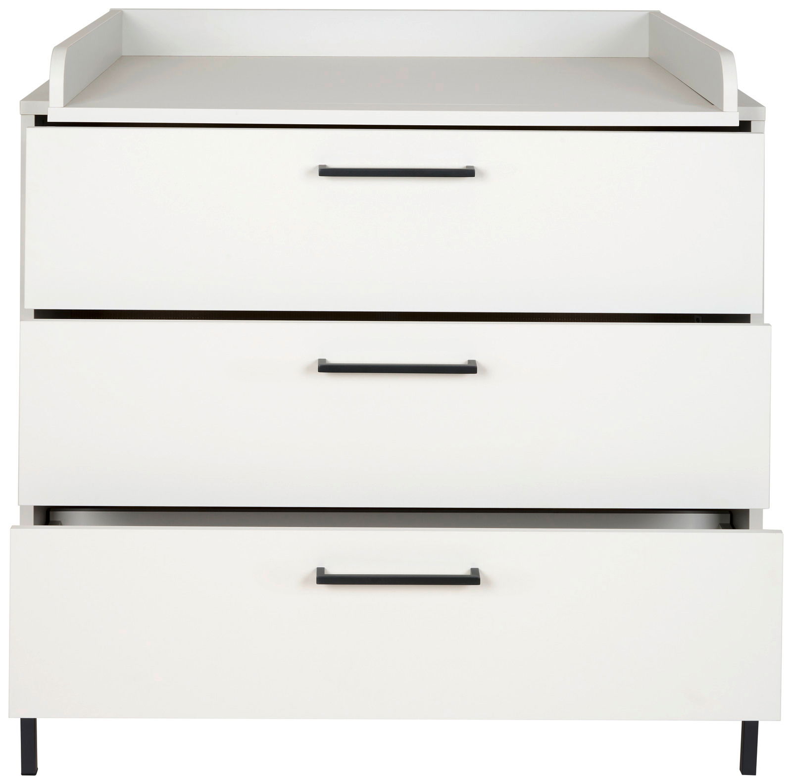 Weiße Wickelkommode mit drei Schubladen und schwarzen Griffen, frontal abgebildet