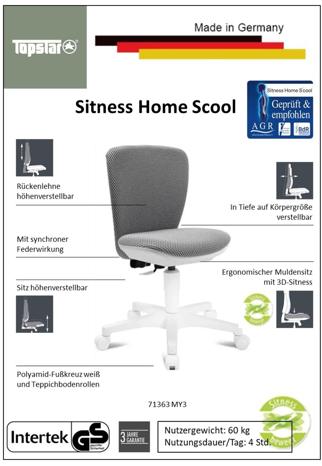 Kinder- und Jugenddrehstuhl mit höhenverstellbarer Rückenlehne und Sitz, ergonomischem Muldensitz mit 3D-Sitness, in seitlicher Perspektive.