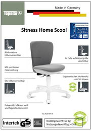 Kinder- und Jugenddrehstuhl mit höhenverstellbarer Rückenlehne und Sitz, ergonomischem Muldensitz mit 3D-Sitness, in seitlicher Perspektive.