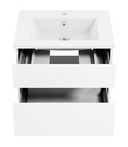 Weiße Badkombination aus der Serie NEXT4YOU von Puris mit zwei offenen Schubladen, Ansicht von vorne.