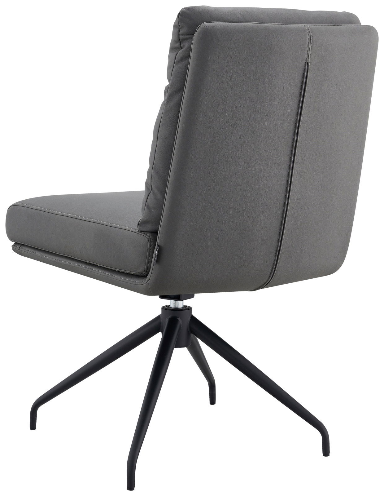 Rückansicht eines grauen Stuhls mit schwarzem Metallgestell und gepolsterter Rückenlehne.