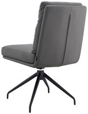 Rückansicht eines grauen Stuhls mit schwarzem Metallgestell und gepolsterter Rückenlehne.