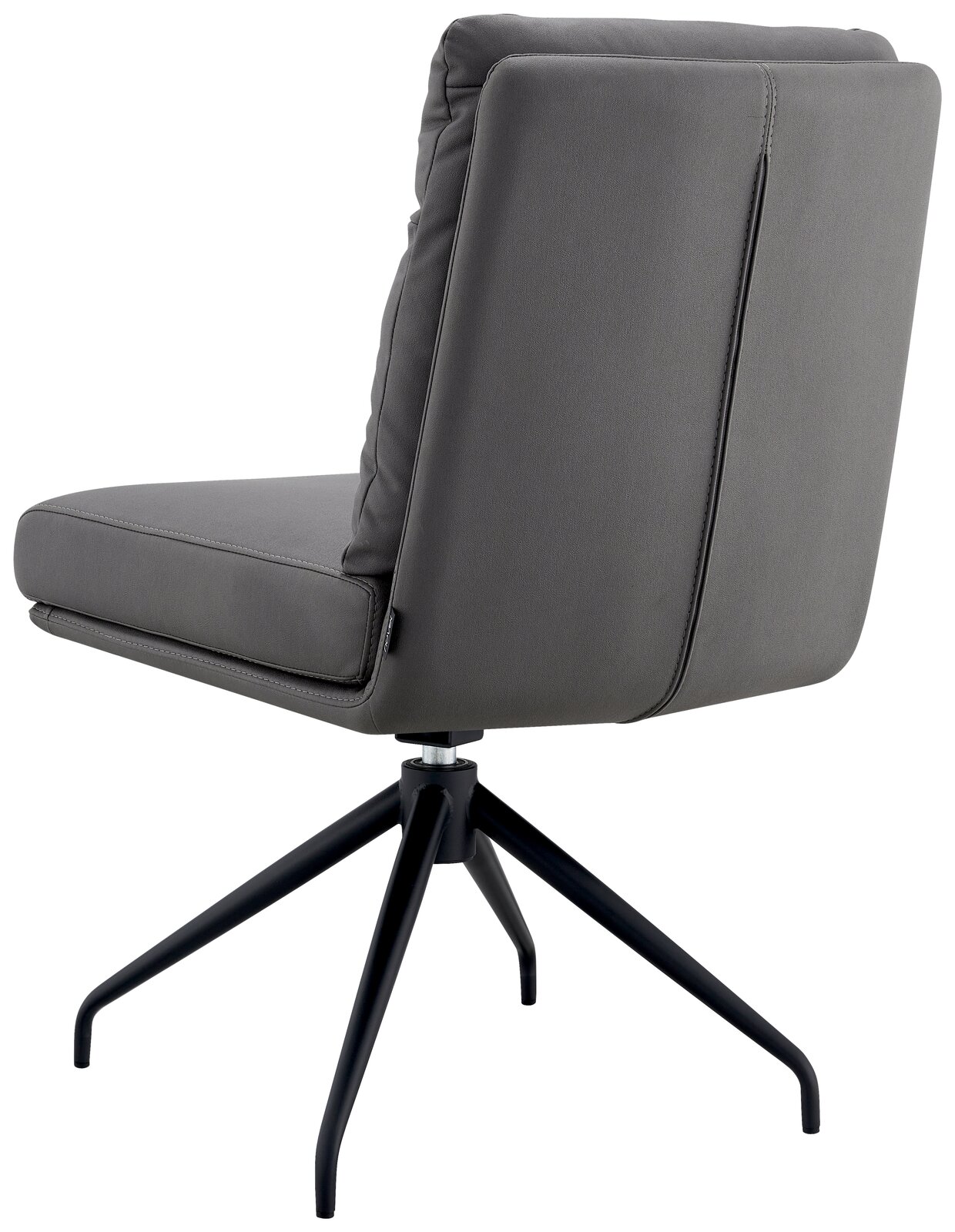 Rückansicht eines grauen Stuhls mit schwarzem Metallgestell und gepolsterter Rückenlehne.