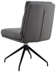 Rückansicht eines grauen Stuhls mit schwarzem Metallgestell und gepolsterter Rückenlehne.