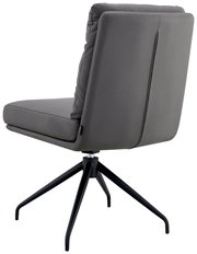 Rückansicht eines grauen Stuhls mit schwarzem Metallgestell und gepolsterter Rückenlehne.