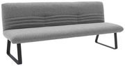 Graue Sitzbank mit gepolsterter Rückenlehne und modernen Metallbeinen, seitliche Perspektive