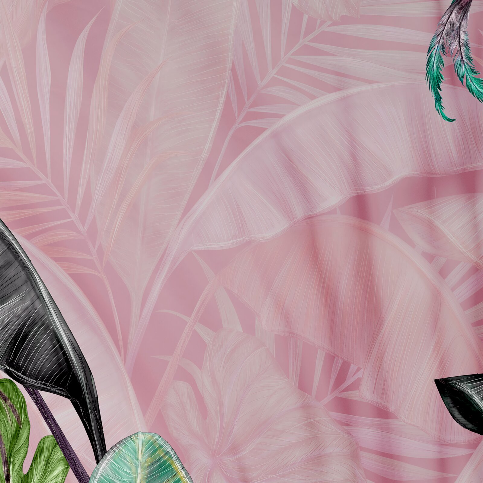 Wendebettwäsche mit tropischem Blätterdesign in Rosa- und Grüntönen, Nahaufnahme
